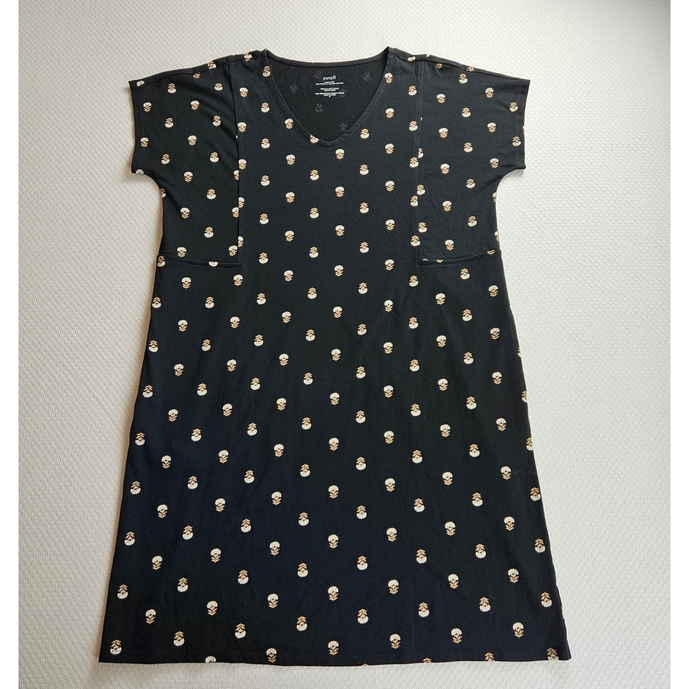 Pure Jill J. Jill Black Floral Organic Cotton V-Neck T-Shirt Dress Medium Pocket